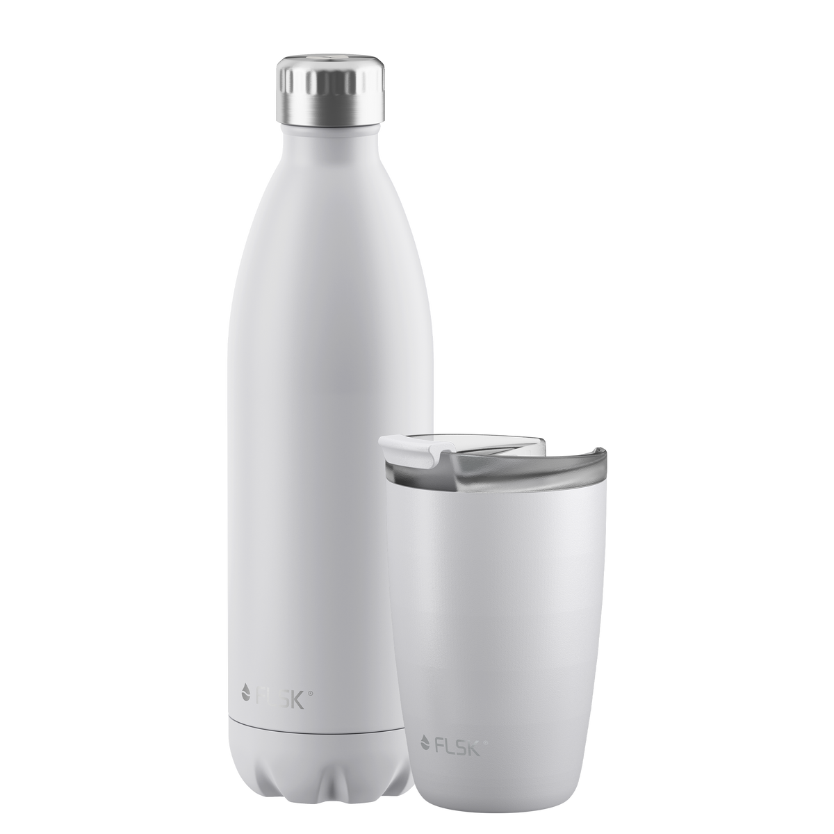 FLSK Bundle Trinkflasche 1000 ml und Kaffeebecher 350 ml white aus Edelstahl